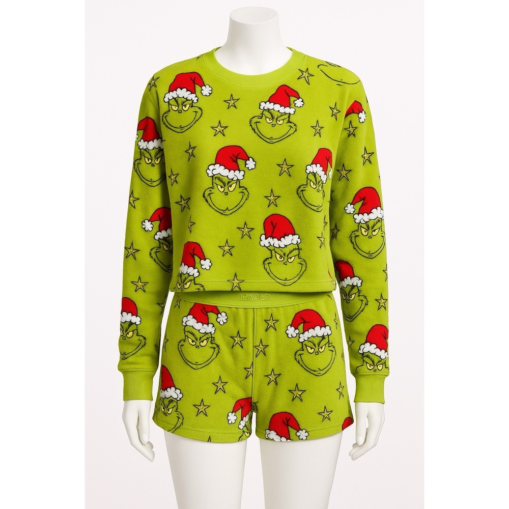 American Eagle Grinch Christmas Pajama Set Women's Plush Fleece Green NWT‎